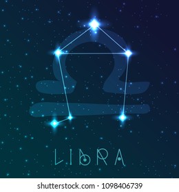 Libra zodiac sign. Vector illustration with constellations and hand-drawn astronomical symbols. Shining stars in the night sky.