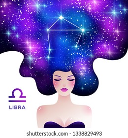 Libra zodiac sign vector illustration. Horoscope symbol as young woman character. Gradient space and stardust in hair. Glowing stars and constellation flat poster.