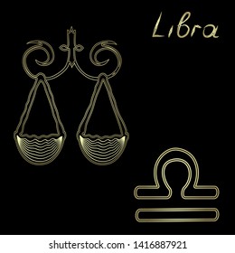 Libra zodiac sign vector illustration on black background. Golden figure of horoscope symbols isolated.  Astrological design element, stencils 