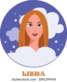 Libra zodiac sign vector illustration. Cute girl with red hair illustration.  