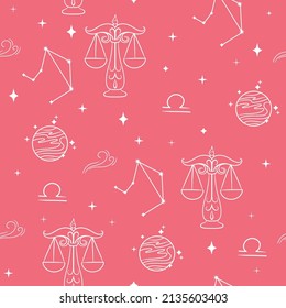 Libra zodiac sign. Vector illustration. Seamless pattern. Horoscope, stars, planet, sign and element. Constellation