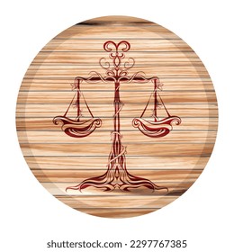 Libra Zodiac Sign Vector Illustration. Scales Horoscope Symbol On A Wooden Board
