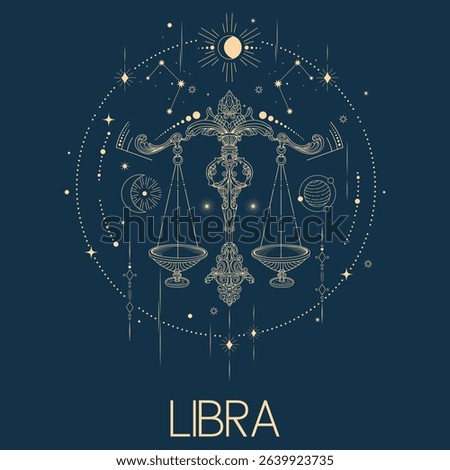 Libra zodiac sign vector line drawn illustration, horoscope character, stars, constellation and celestial elements in line art style
