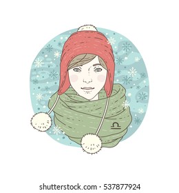 Libra zodiac sign. Winter season illustration. Vector illustration isolated on white.