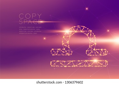 Libra Zodiac sign wireframe polygon futuristic bokeh light frame structure and lens flare, Fortune teller concept design illustration isolated on purple gradients background with copy space