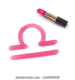 Libra Zodiac sign write by Lipstick pink color illustration, star constellation concept design isolated on white background, with copy space