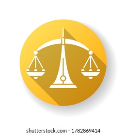 Libra zodiac sign yellow flat design long shadow glyph icon. Judicial system, equilibrium, horoscope scales. Balanced old fashioned weight measuring instrument. Silhouette RGB color illustration