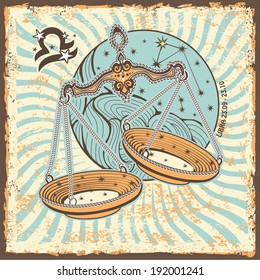 Libra zodiac signs of Horoscope circle with constellation on shabby vintage background.Graphic Vector Illustration in retro style.  