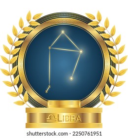 Libra Zodiac Stellar Glowing Star Constellation Horoscope Astrology Fortune-Telling and Future Prediction, Air Element on Classic Golden Olive Wreath Trophy Icon Vector Design Illustration.