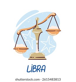 Libra zodiac symbol, featuring scale and celestial stars. Cartoon vector illustration representing balance, harmony, and fairness for astrology themes and designs.