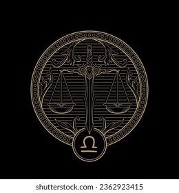 The Libra zodiac symbol in gold engraving line art style