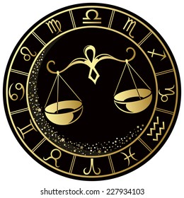 Libra Zodiac symbol in the Golden round frame. Vector illustration.