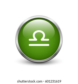 Libra zodiac symbol, green button with metal frame and shadow