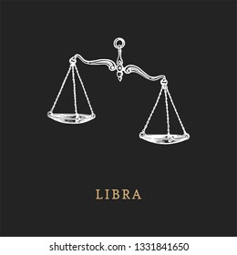 Libra zodiac symbol, hand drawn in engraving style. Vector graphic retro illustration of astrological sign Scales.