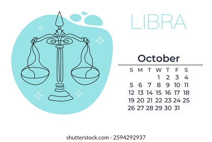 Libra zodiac symbol with hand drawn line art, luxury, esoteric with October calendar. Suitable for paranormal practitioners, tarot readers and astrologers.