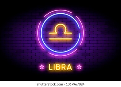 The Libra zodiac symbol, horoscope sign in trendy neon style on a wall. Libra astrology sign with light effects for web or print.