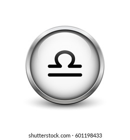 Libra zodiac symbol, white button with metal frame and shadow