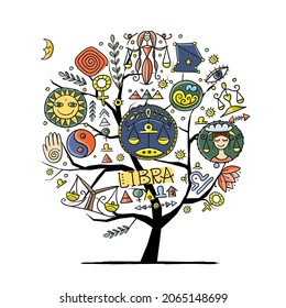 Árbol Libra Zodiac. Elemento de aire. Diseño de Calendario Astrológico, Horóscopo, Imprimir.