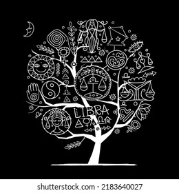 Libra Zodiac Tree. Element of Air. Design of Astrology Calendar, Horoscope, Print.