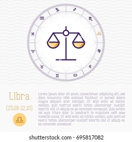 Libra in zodiac wheel, horoscope chart with place for text. Thin line vector illustration.