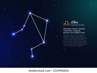 Libra zodiacal constellation with bright stars. Libra star sign and dates of birth on deep space background. Astrology horoscope with unique positive personality traits vector illustration.