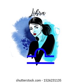 Libra-girl. Zodiac signs girl illustration.Vector sketch and watercolor background.