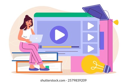 Librarian blog online. Woman with laptop recording video. Education, learning and training. Love for literature and reading. Online courses and lessons. Flat vector illustration