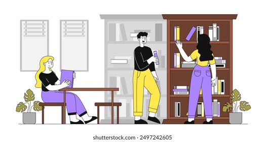 Librarian with books. Man and women choose books in library. Students or schoolchildren at university or school. Love of reading or literature. Linear vector illustration isolated on white background