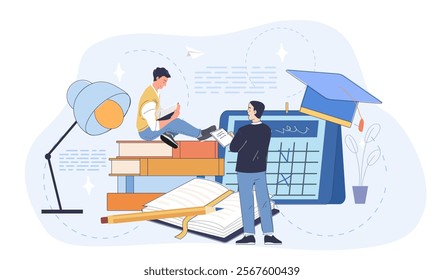 Librarian with books. Two men near large stack of books. Love for reading and literature. Education, learning and training. College or university. Linear vector illustration