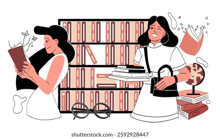 Librarian with books. Women with textbooks near bookshelves. Love for reading and literature. Knowledge and wisdom, information. College or university. Linear vector illustration