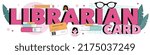 Librarian card typographic header. Library staff cataloging and sorting books in a storage, filling out library cards. Online order, catalogue, call, website. Flat vector illustration