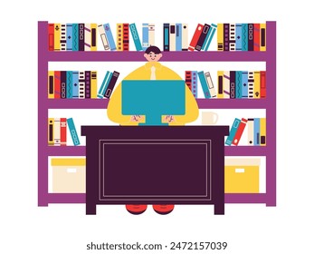 Librarian checking books via computer, vector illustration.