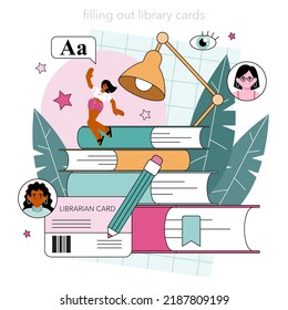 Librarian concept. Library staff cataloging and sorting books in a storage, filling out library cards. Llibrary reading room guid. Isolated vector illustration