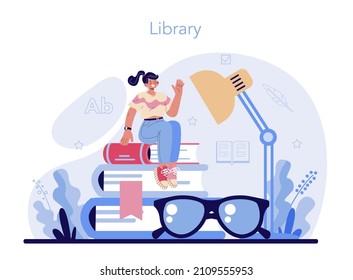 Librarian concept. Library staff cataloguing and sorting books. Knowledge and education idea. Library reading room guid. Flat vector illustration