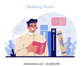 Librarian concept. Library staff cataloguing and sorting books. Knowledge and education idea. Library reading room guid. Flat vector illustration