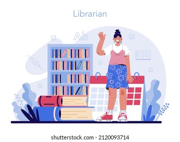 Librarian concept. Library staff cataloguing and sorting books. Knowledge and education idea. Library reading room guid. Flat vector illustration