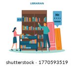 Librarian concept. Library staff holding and sorting book. Knowledge and education idea. Llibrary bookshelves guid. Isolated vector illustration