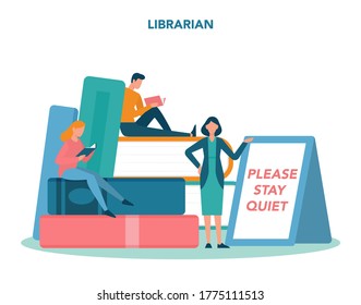 Librarian concept. Library staff holding and sorting book. Knowledge and education idea. Llibrary bookshelves guid. Isolated vector illustration