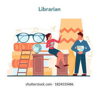 Librarian concept. Library staff lending out and recommendating book. Knowledge and education idea. Llibrary bookshelves guid. Isolated vector illustration