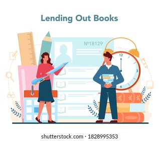 Librarian concept. Library staff lending out and recommendating book. Knowledge and education idea. Llibrary bookshelves guid. Isolated vector illustration