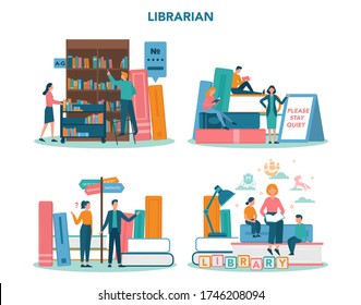 Librarian concept set. Library staff holding and sorting book. Knowledge and education idea. Llibrary bookshelves guid. Isolated vector illustration