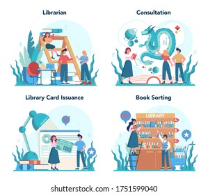 Librarian concept set. Library staff holding and sorting book. Knowledge and education idea. Llibrary bookshelves guid. Isolated vector illustration