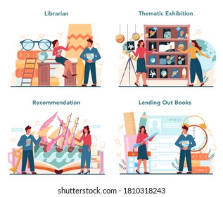 Conjunto de conceptos bibliotecarios. El personal de la biblioteca presta y recomienda libros. Conocimiento e idea de educación. Guía de estanterías de biblioteca. Ilustración vectorial aislada