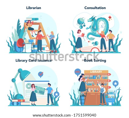 Librarian concept set. Library staff holding and sorting book. Knowledge and education idea. Llibrary bookshelves guid. Isolated vector illustration