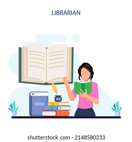 Librarian concept vector illustration. Llibrary reading room guid.