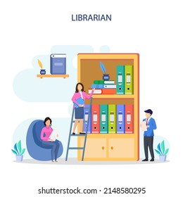 Librarian concept vector illustration. Llibrary reading room guid.