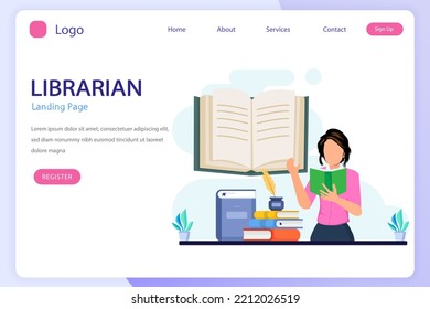 Librarian concept vector illustration. Llibrary reading room guid.