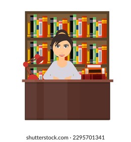 Librarian. Female receptionist, gives out a book, vector illustration