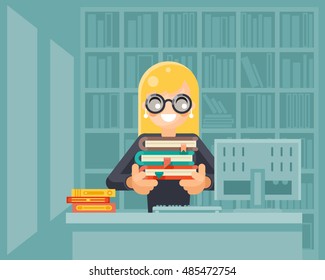 Librarian girl holding book library knowledge education learning design vector illustration