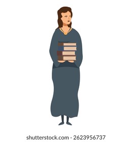 Librarian is holding a stack of books, symbolizing knowledge and organization